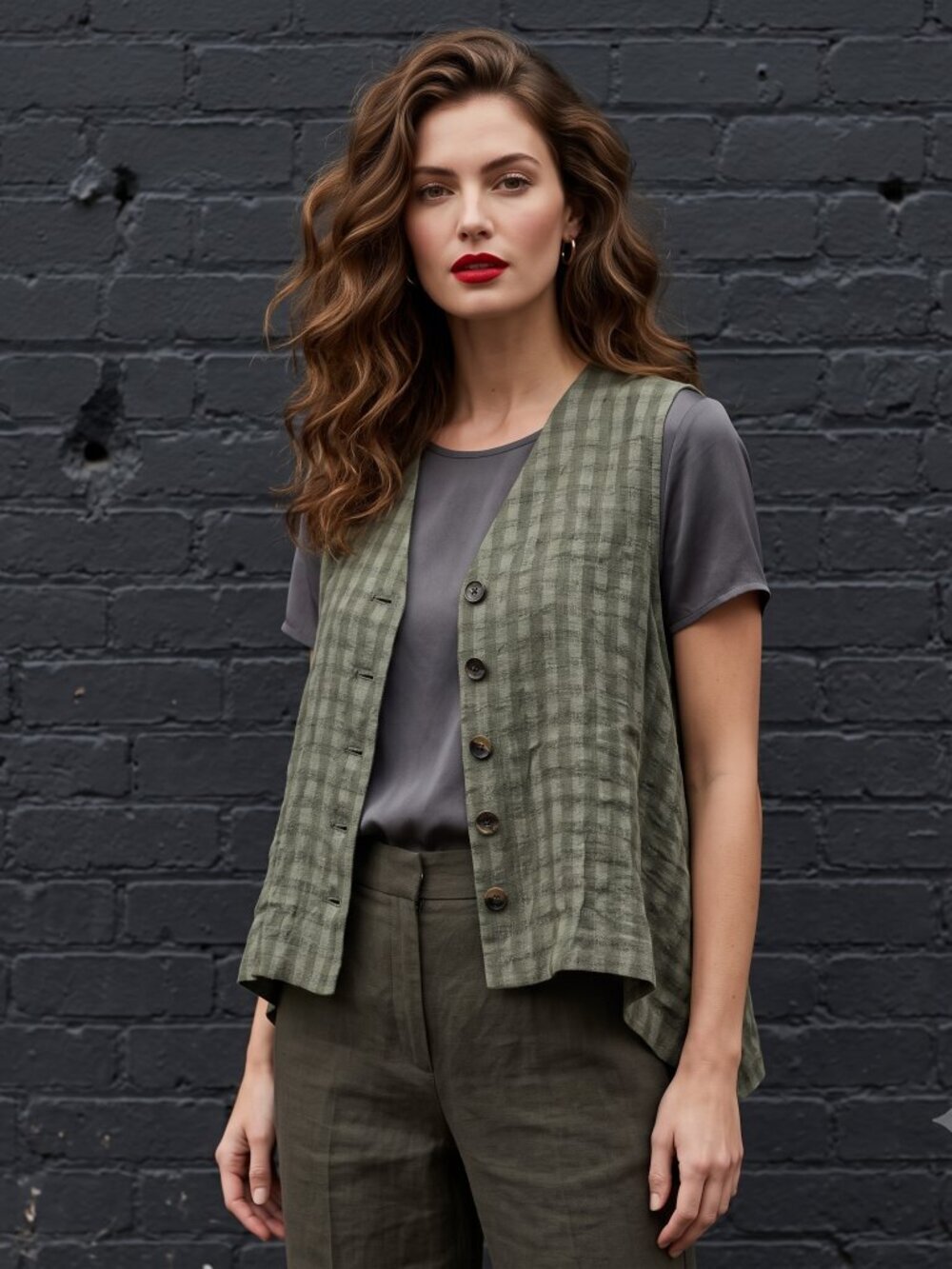 Eskandar Vest Size 0/S Linen Viscose Tunic Sleeveless Lagenlook Khaki Olive gray